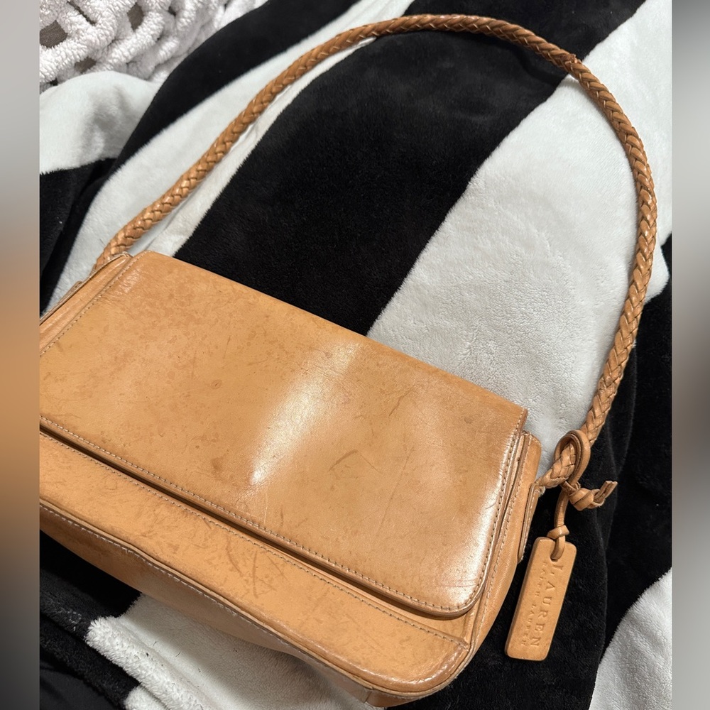Vintage Ralph Lauren Tan camel brown Leather shoulder Bag braided strap rectangl